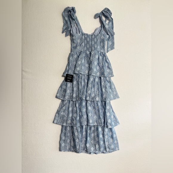 Lulu's Sky Blue Floral Tiered Midi Dress - Picture 3 of 4